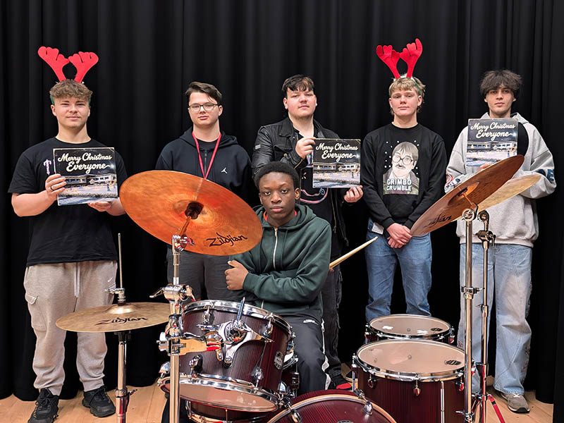 Music Technology students get into the festive spirit as they lay down the percussion track.