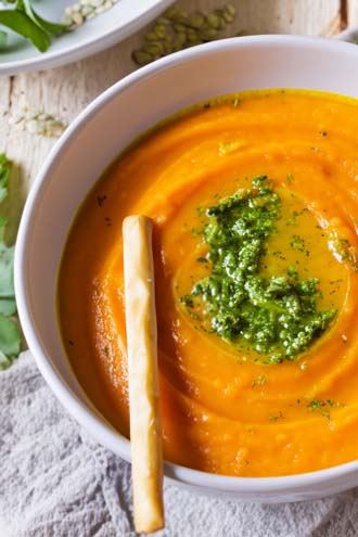 Butternut Squash Velouté, parsley pesto, cheese straw.